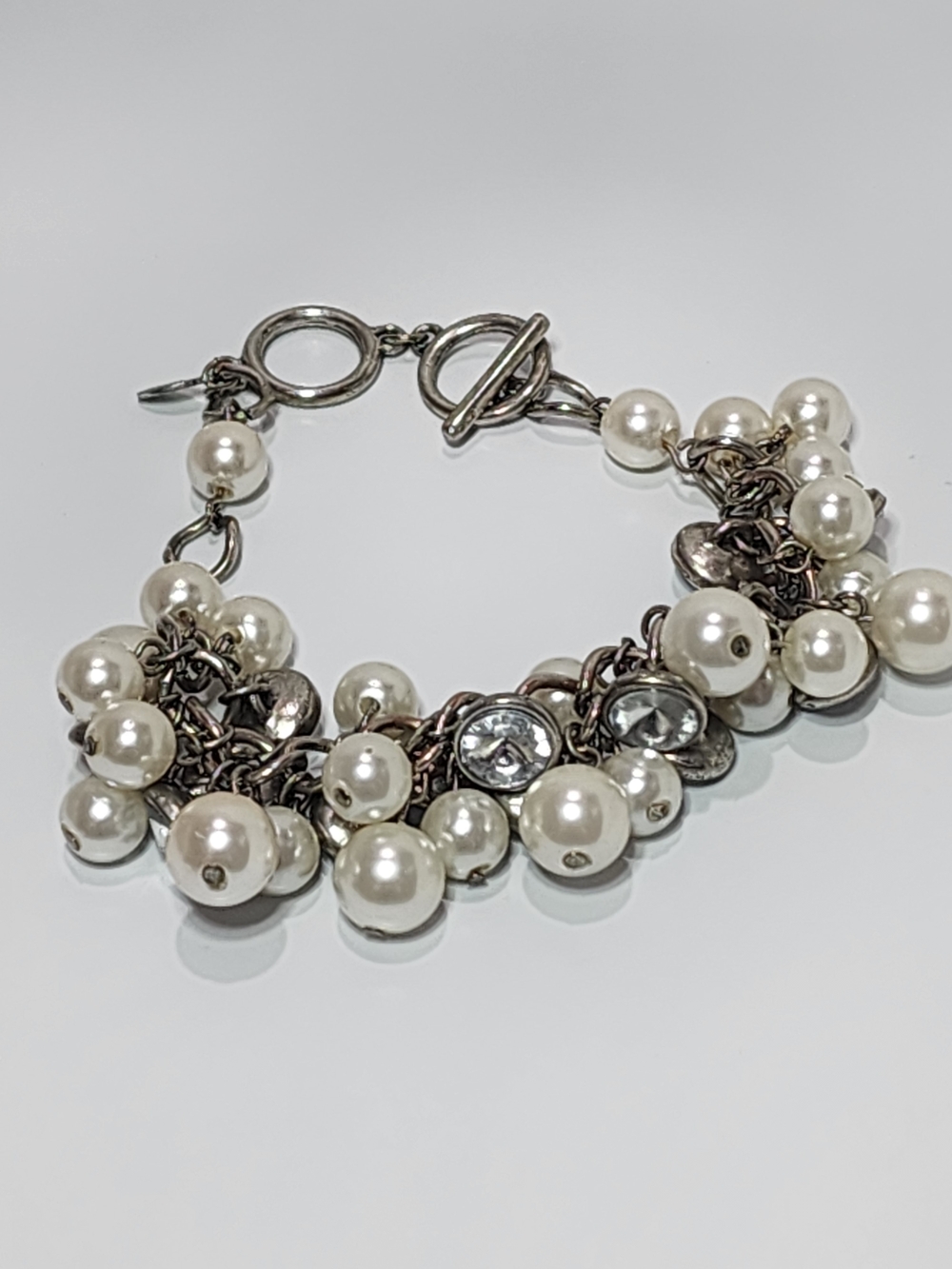 Premier Designs Silver Tone Clear Faceted Rhinestone & Pearl Bracelet